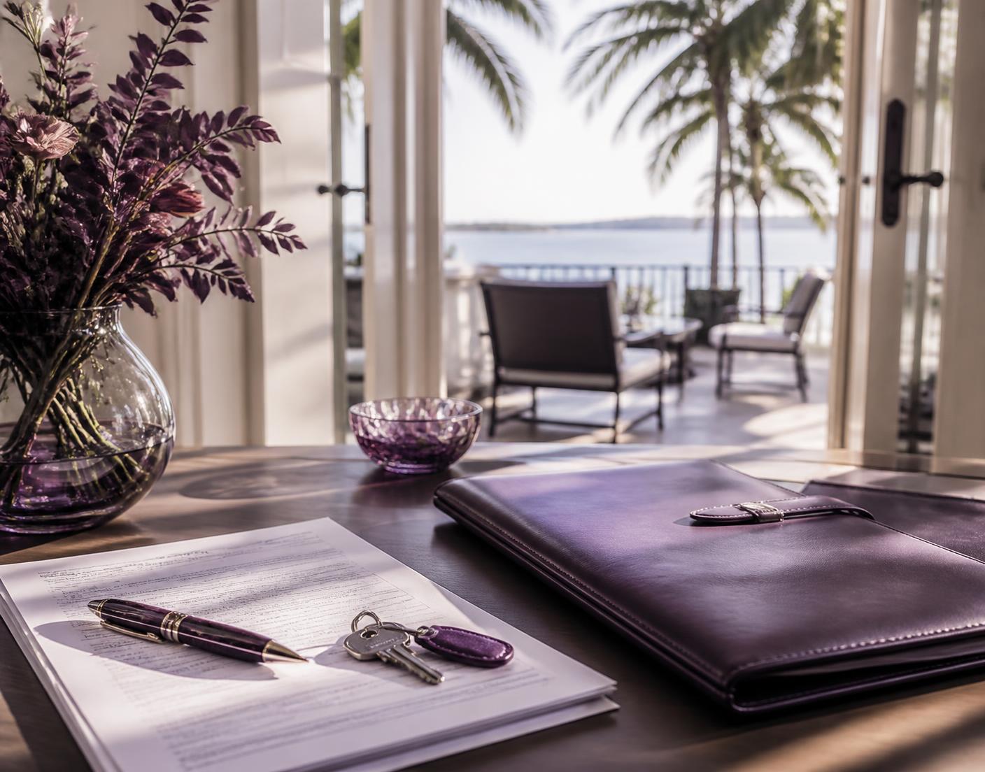 Florida closing table with real estate contract, keys and a purple document portfolio
